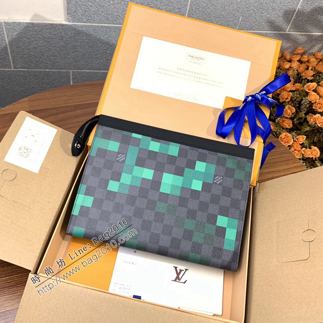 LV專櫃2023新款升級版男士手包 N60176綠色 路易威登馬賽克Pochette Voyag小皮包手拿包 dn1010